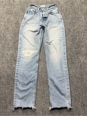 MOUSSY Vintage Jeans Women 24x30 Blue Straight Leg Button Fly Raw Hem Japan Made